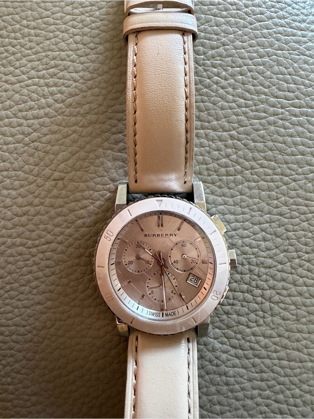 Burberry Cream Leather Chronograph Watch with Silver Accents
